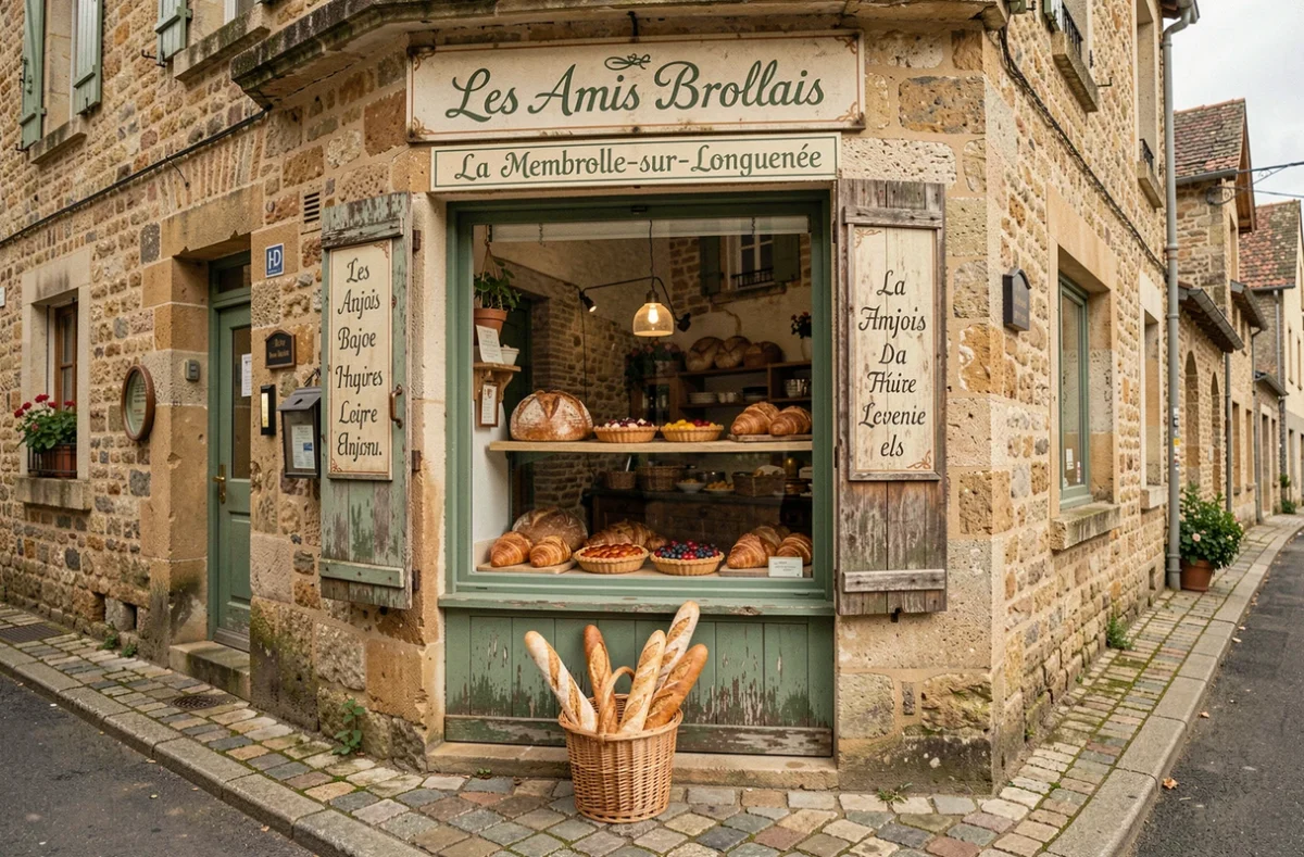 Devanture artisanale des Amis Brollais à La Membrolle-sur-Longuenée avec baguettes en panier et viennoiseries en vitrine