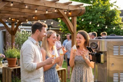 Groupe d'adultes joyeux autour d'une machine à glace lors d'une fête estivale en plein air