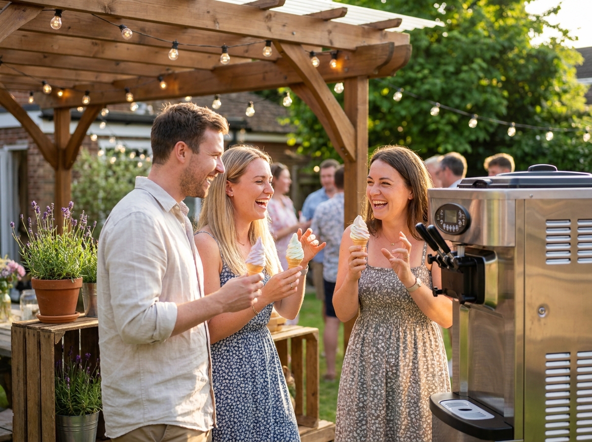 Groupe d'adultes joyeux autour d'une machine à glace lors d'une fête estivale en plein air