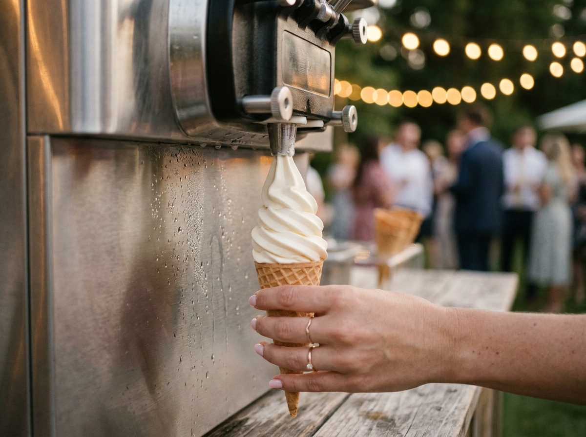 Gros plan sur une machine à glace professionnelle servant un cornet lors d'une soirée en jardin