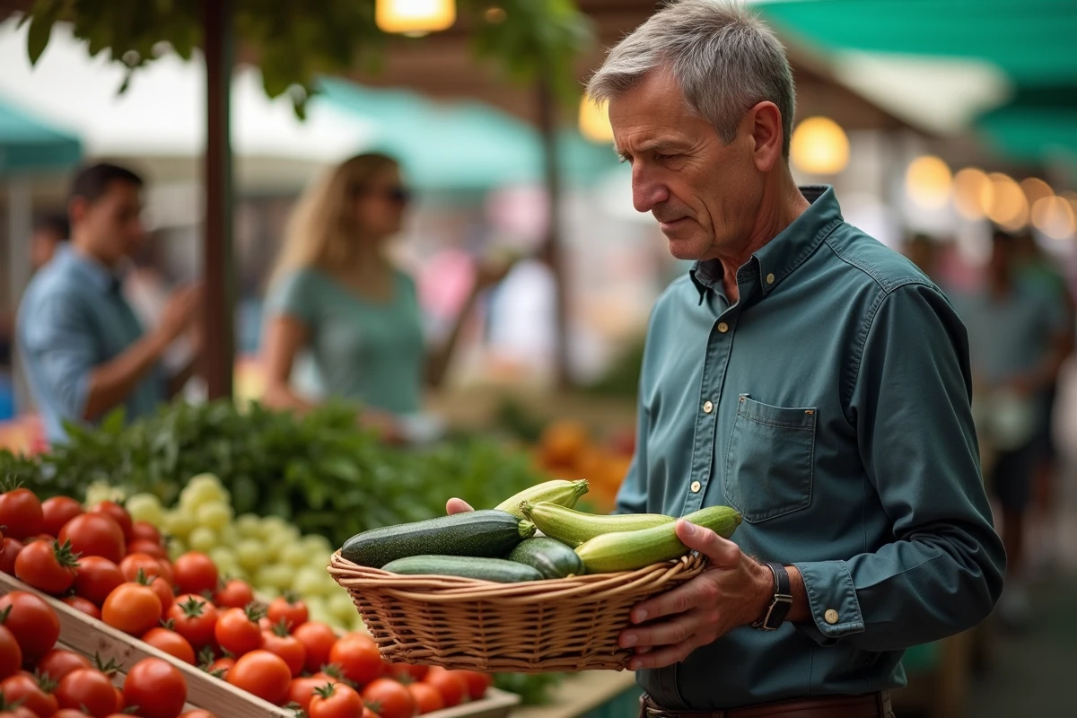 Homme au marché examinant des zucchinis et tomates frais