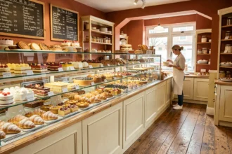 Intérieur d'une pâtisserie artisanale des Pays de la Loire avec un comptoir garni de gâteaux et spécialités régionales colorées