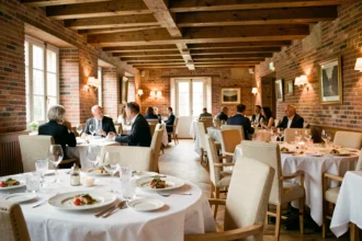 Vue panoramique d'une salle de restaurant gastronomique dans le Nord de la France, avec nappes blanches et architecture flamande