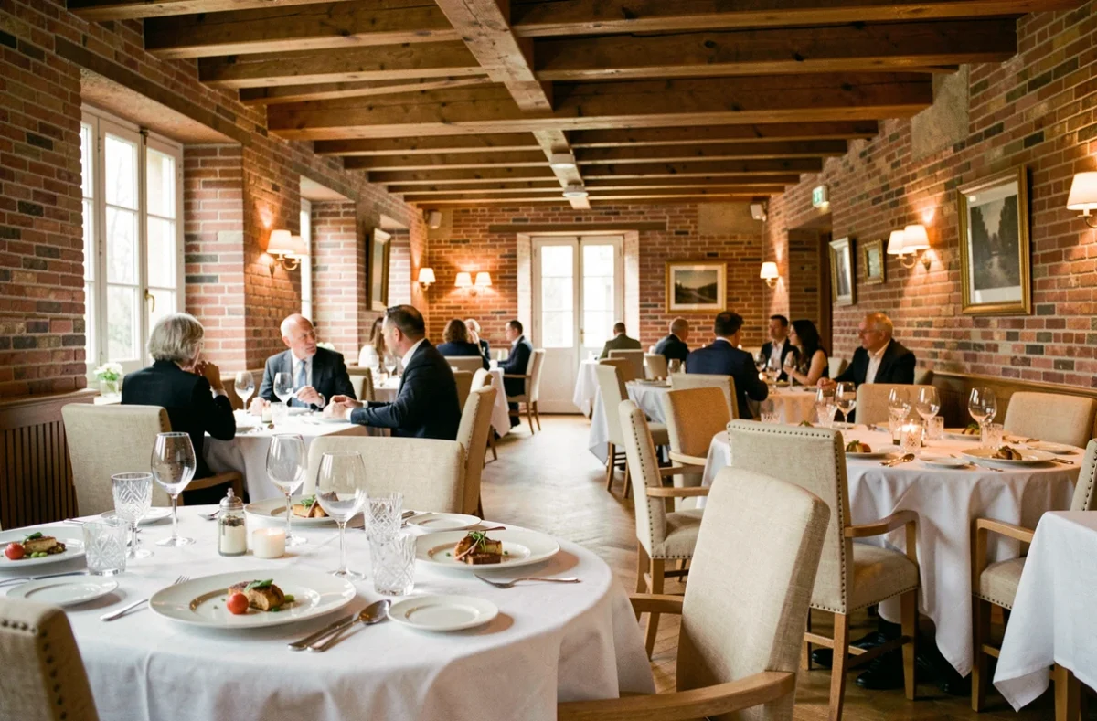 Vue panoramique d'une salle de restaurant gastronomique dans le Nord de la France, avec nappes blanches et architecture flamande