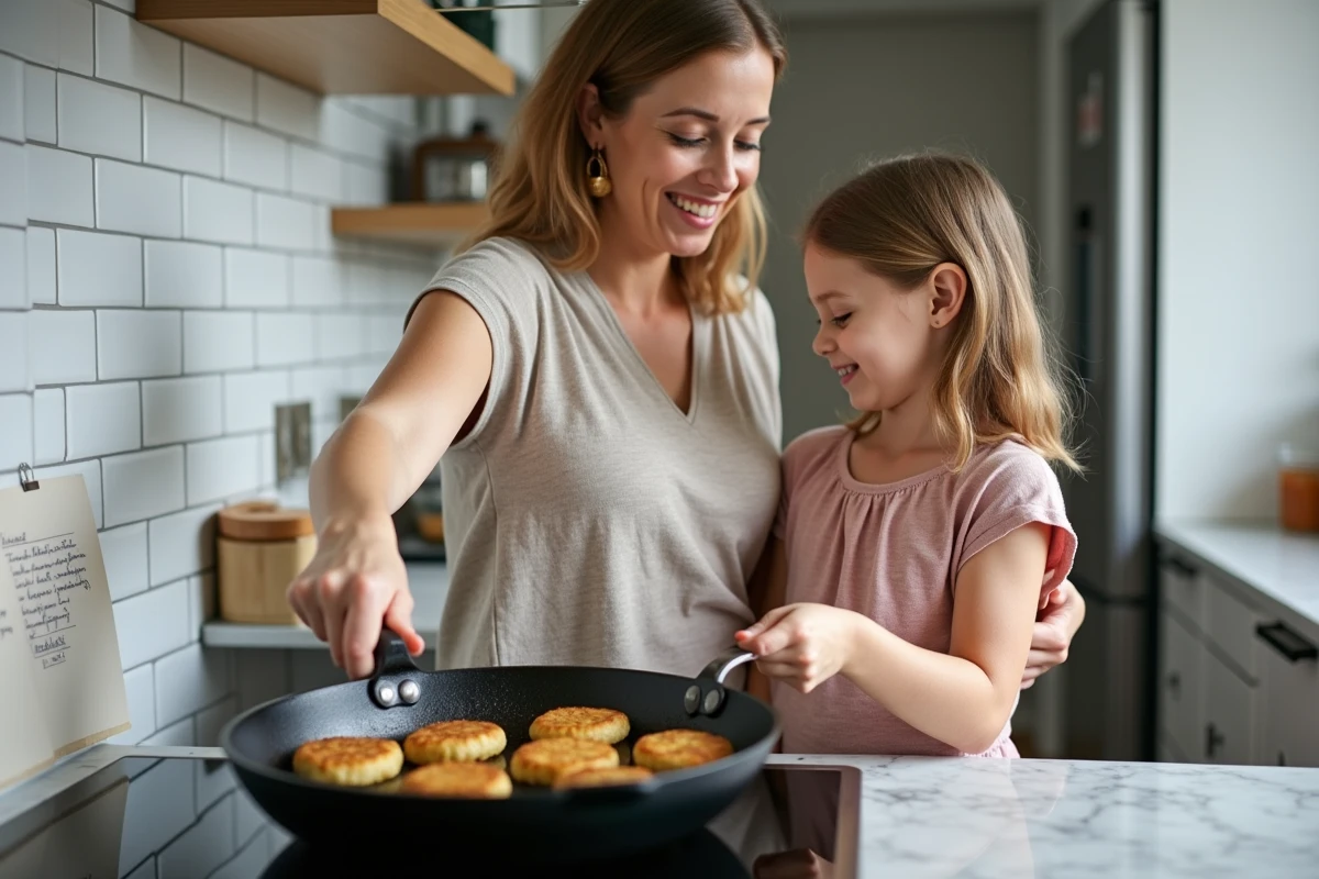 Mère et fille faisant frire des beignets d'aubergine dorés dans une cuisine moderne