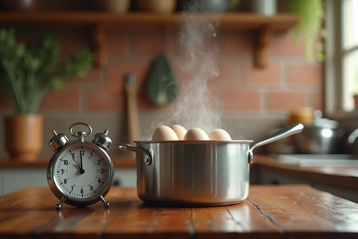 Minuterie de cuisine posée à côté d'une casserole d'œufs en train de cuire dans l'eau avec de la vapeur naturelle