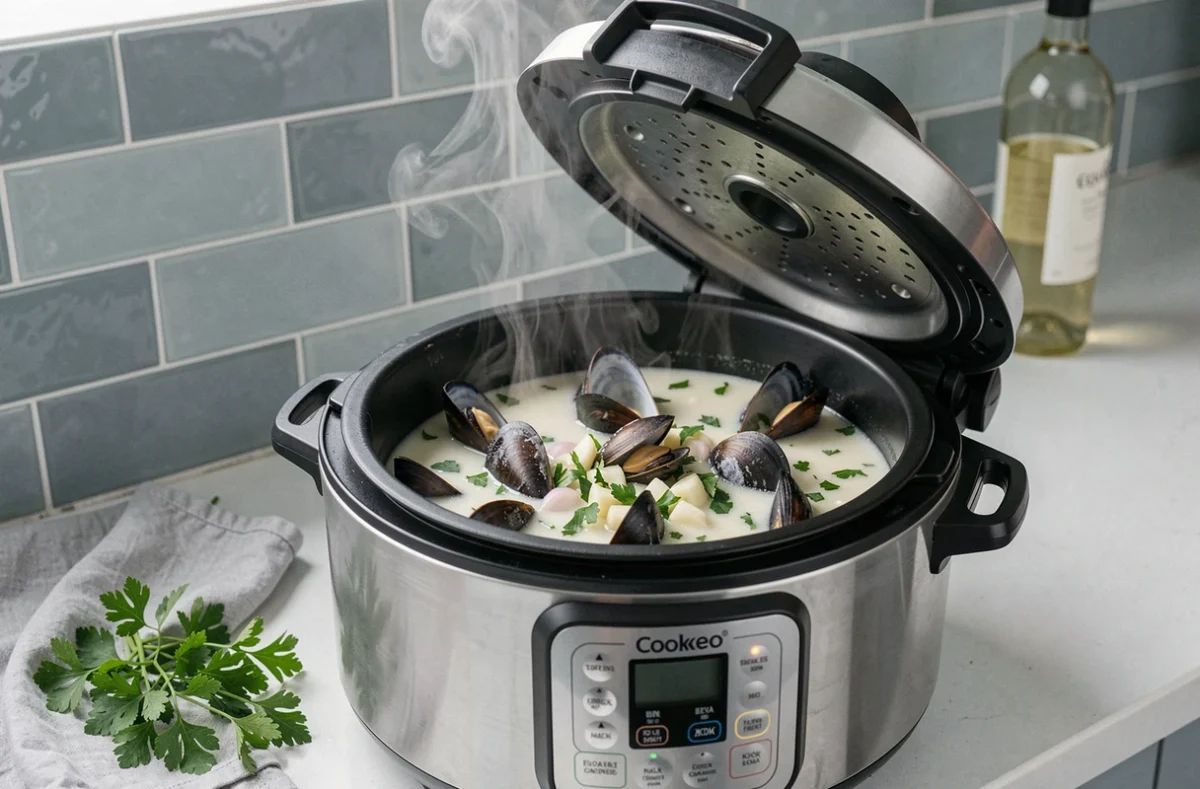 Cookeo ouvert rempli de moules au vin blanc avec persillade dans une cuisine moderne au style bord de mer