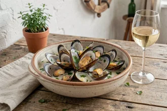 Bol de moules marinières au vin blanc et persillade servi dans un bol rustique sur une table en bois bord de mer