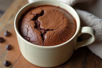 Mugcake sans œuf au chocolat dans une tasse en céramique ivoire sur un plan de travail en bois rustique