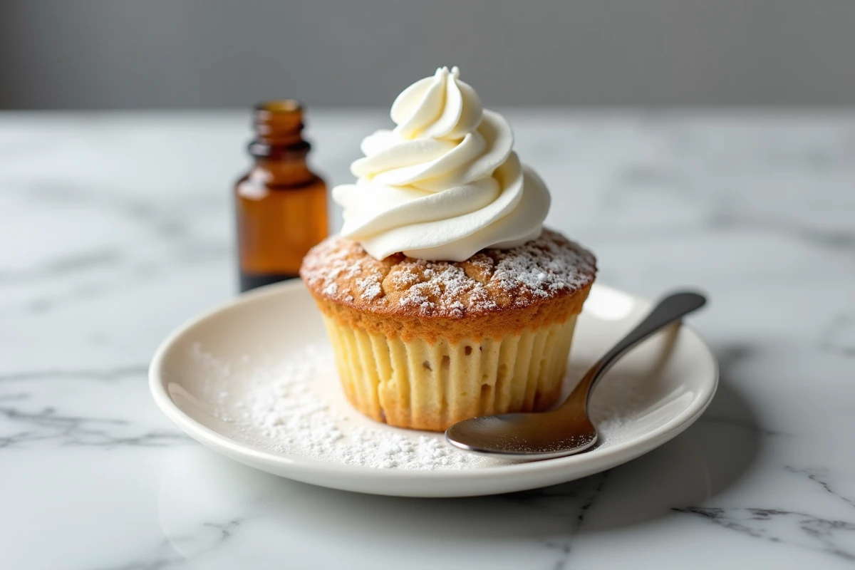 Mugcake sans œuf garni de crème fouettée et sucre glace sur marbre gris avec cuillère vintage