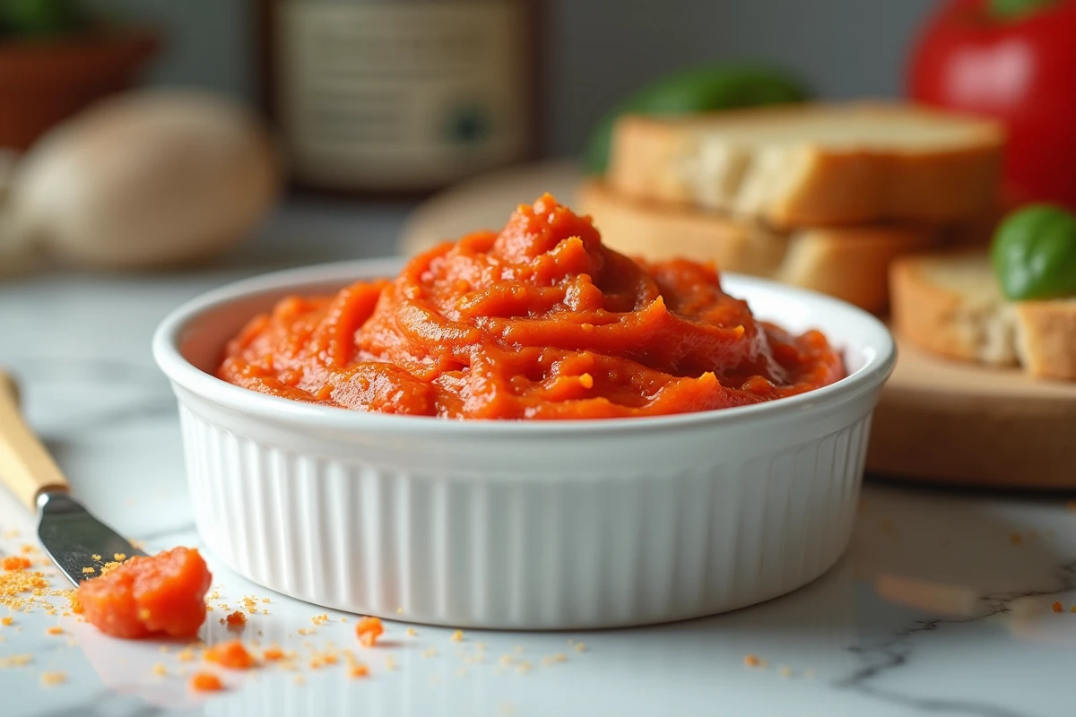 Ramekin de nduja calabraise rouge-orangée avec un couteau à tartiner en bois sur marbre