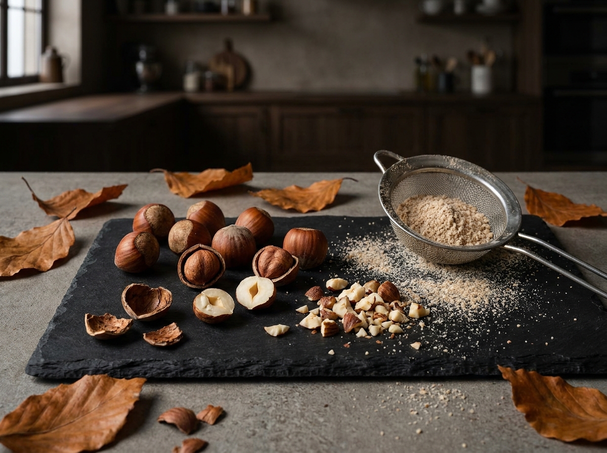 Noisettes entières, concassées et farine de noisette disposées sur une ardoise sombre pour la pâtisserie