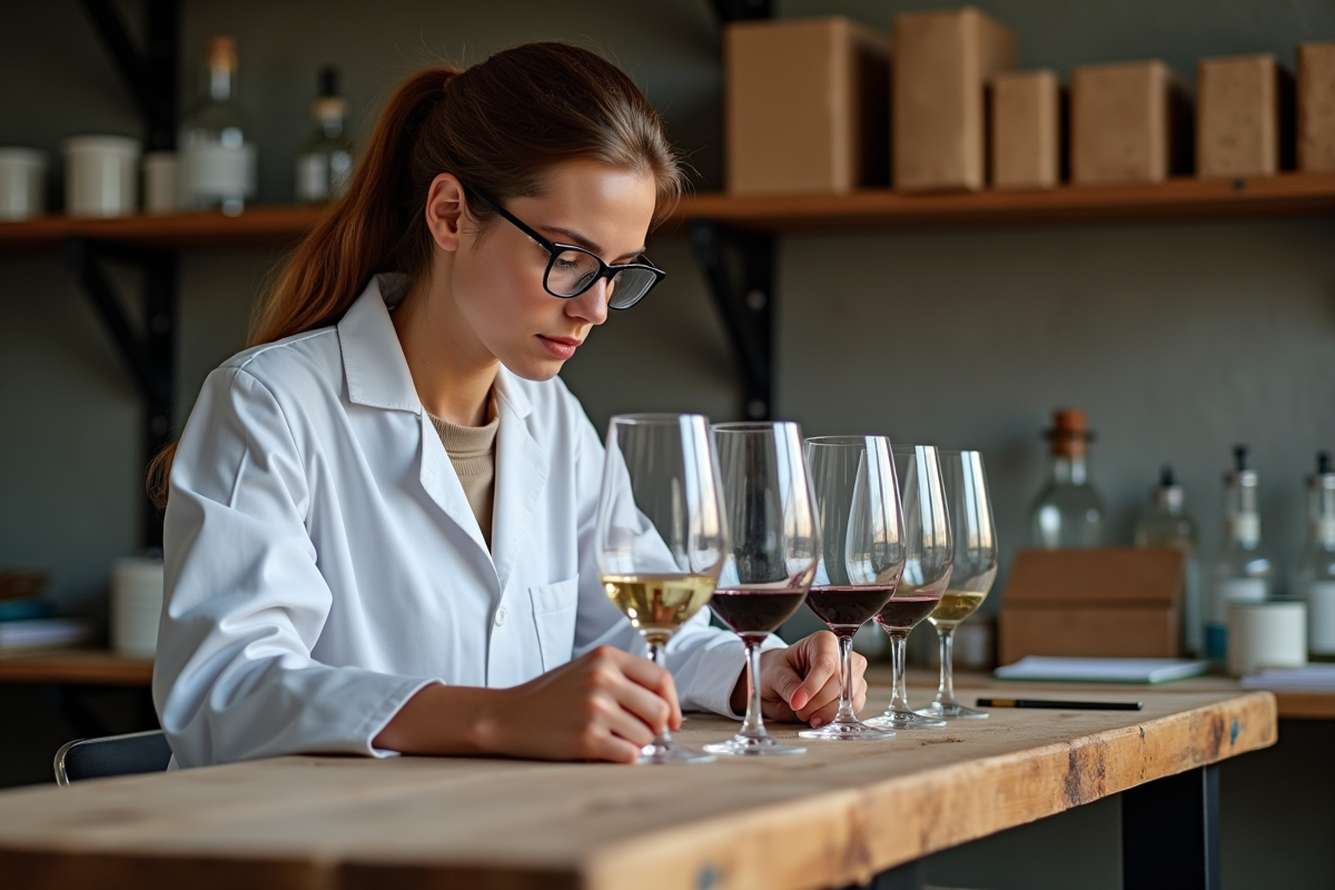 Jeune oenologue inspectant des verres de vin en laboratoire