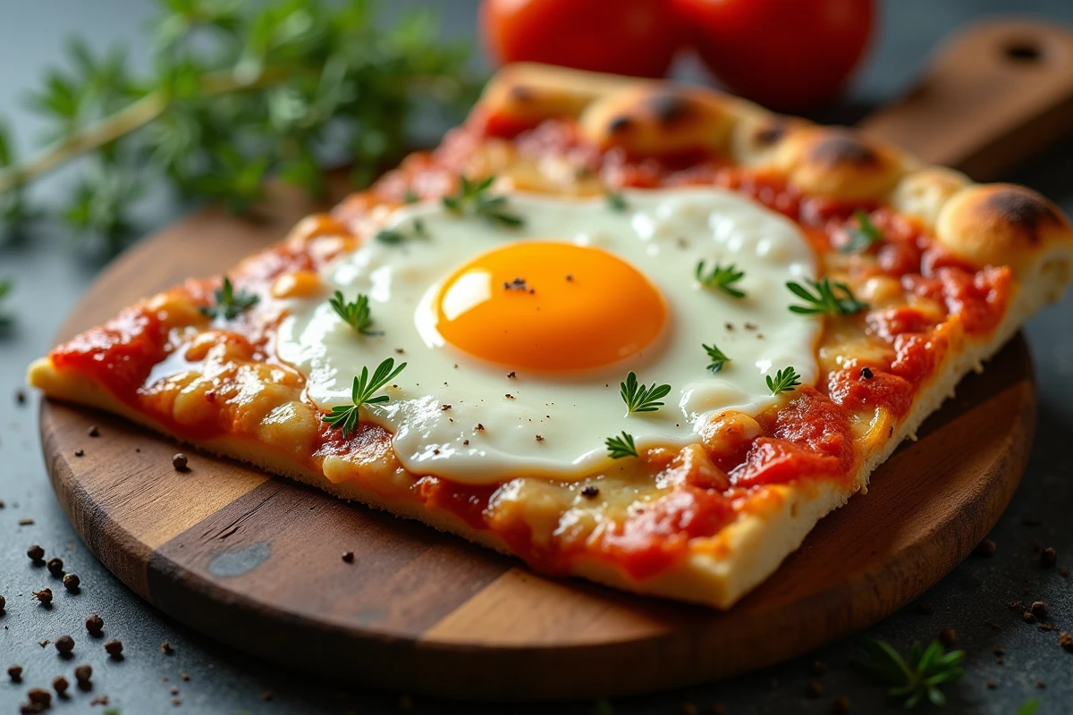 Tranche de pizza garnie d'un œuf cuit avec le jaune brillant légèrement coulant sur la mozzarella fondue