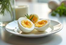Oeuf mollet coupé en deux sur une assiette blanche avec herbes fraîches