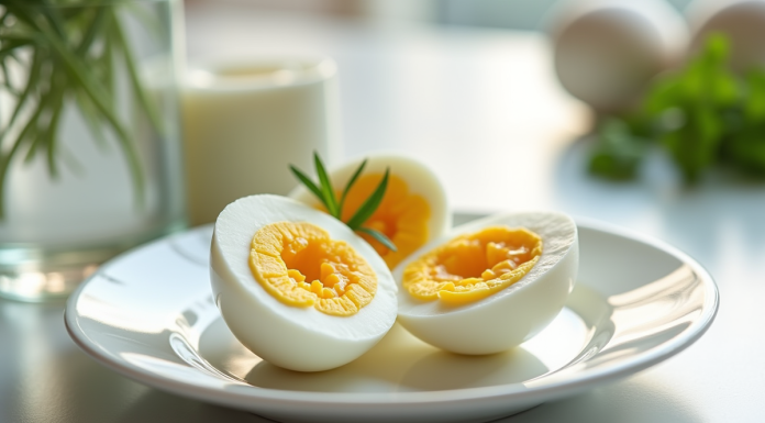 Oeuf mollet coupé en deux sur une assiette blanche avec herbes fraîches