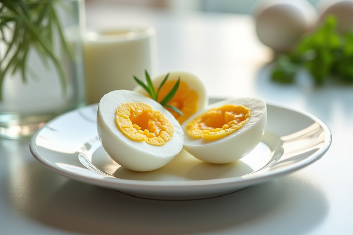 oeuf-mollet-tranche Oeuf mollet coupé en deux sur une assiette blanche avec herbes fraîches