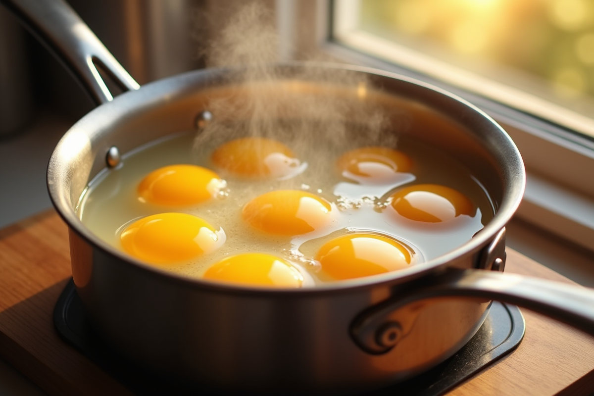 Plusieurs œufs pochés dans une casserole avec vapeur et lumière du matin