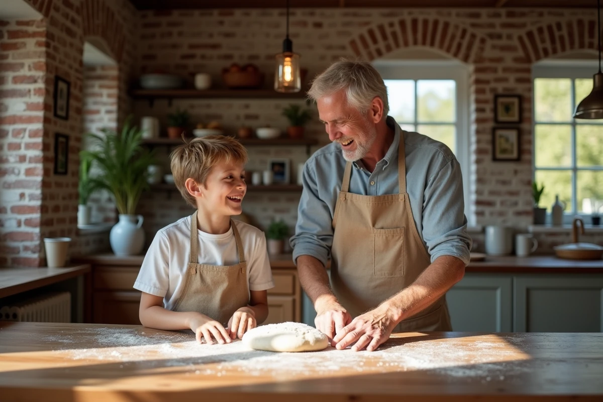 Père et fils rient en pétrissant la pâte dans la cuisine