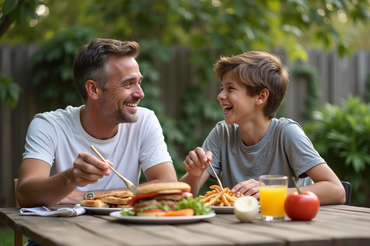 Pere et adolescent partageant un brunch en plein air