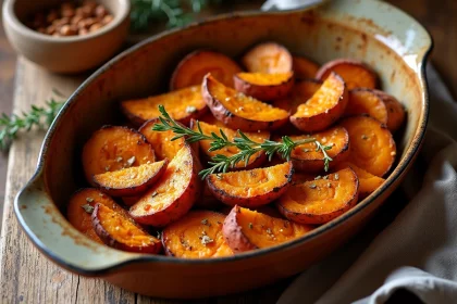 Patate douce au four en tranches épicées dans un plat en céramique rustique, vue de dessus, avec du thym frais et un filet de miel