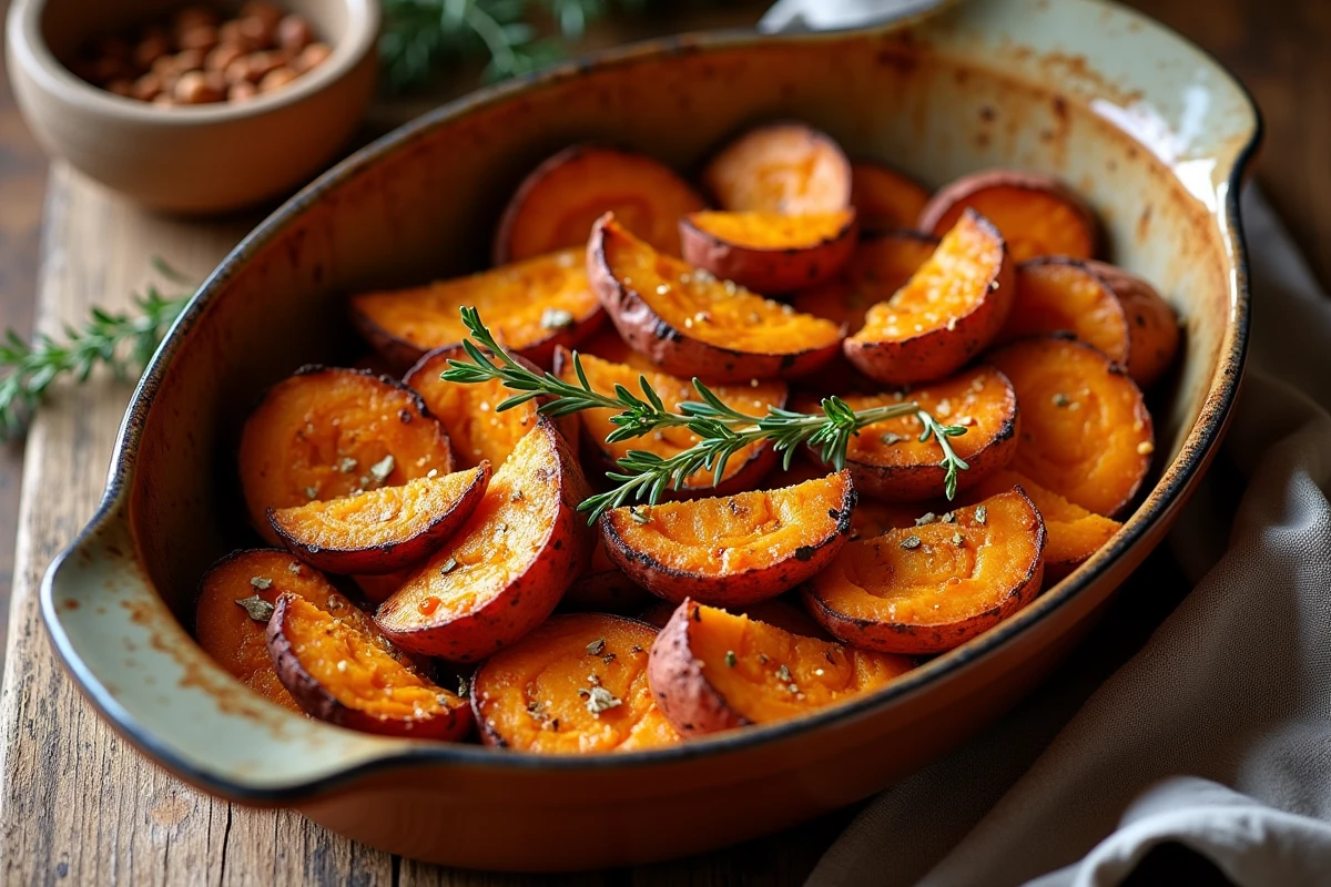 Patate douce au four en tranches épicées dans un plat en céramique rustique, vue de dessus, avec du thym frais et un filet de miel