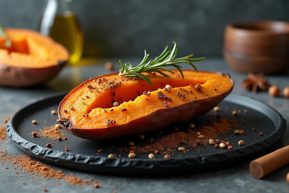 Demi-patate douce rôtie en gros plan sur ardoise noire avec épices douces, romarin frais et graines de sésame