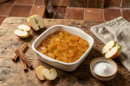 Pâte de fruit à la pomme dans un plat en céramique sortant du four, entourée de pommes fraîches et de cannelle sur un plan de travail en bois rustique