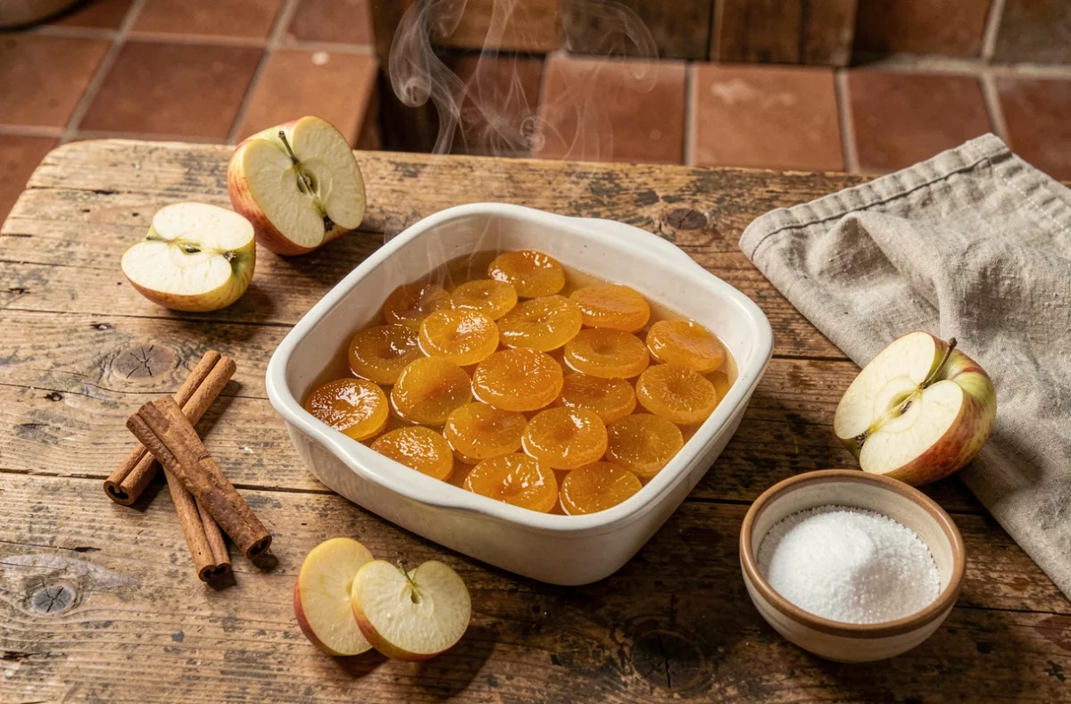 Pâte de fruit à la pomme dans un plat en céramique sortant du four, entourée de pommes fraîches et de cannelle sur un plan de travail en bois rustique