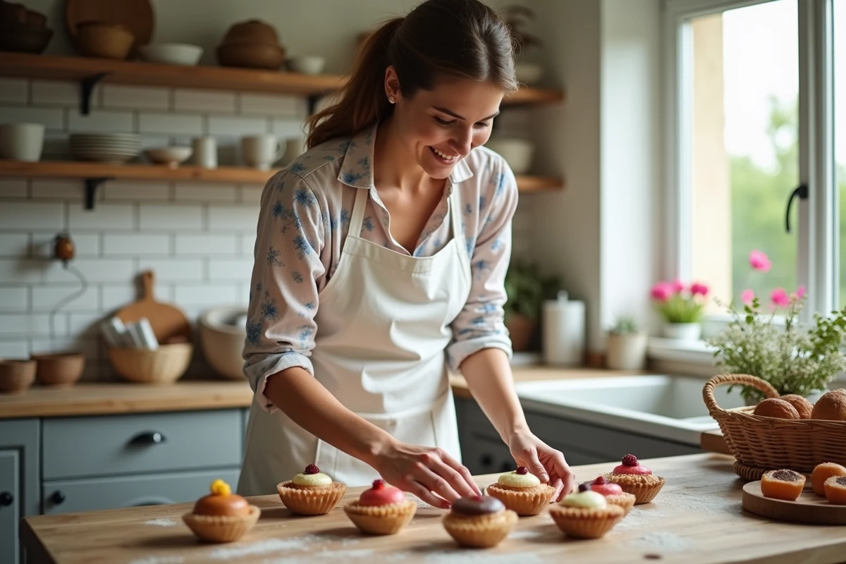 Femme française arrangeant des desserts colorés dans une cuisine lumineuse
