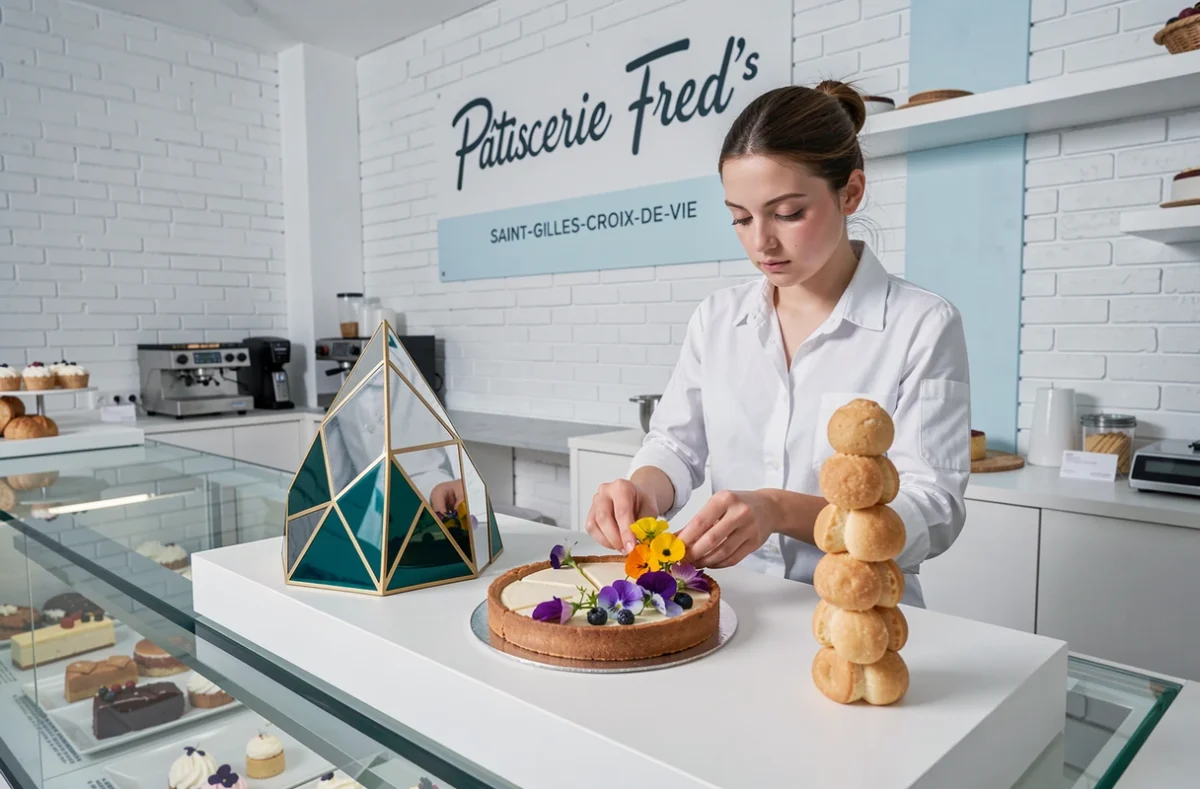 Pâtisseries créatives de Fred's à Saint-Gilles-Croix-de-Vie avec entremet géométrique, tarte aux fleurs comestibles et chou tower