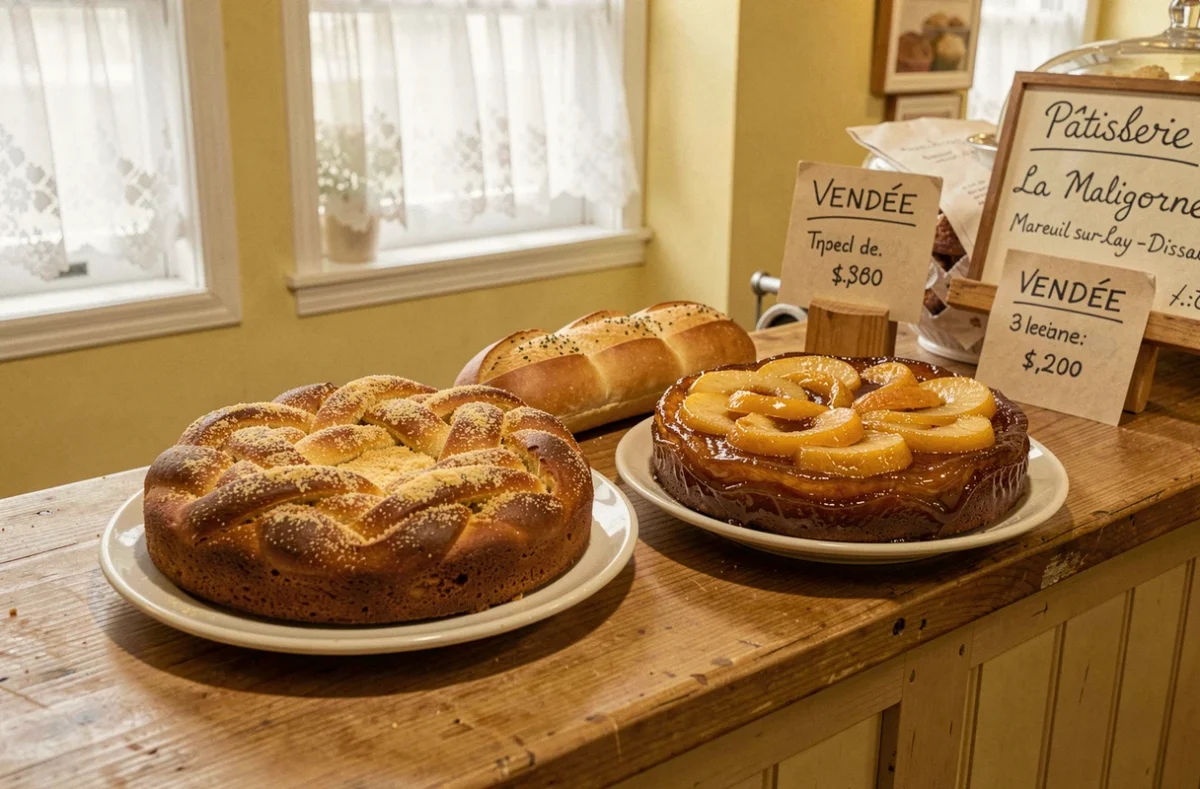 Gâteau de Vendée tressé, préfou et tarte tatin caramélisée sur comptoir de la Pâtisserie La Maligorne à Mareuil-sur-Lay-Dissais