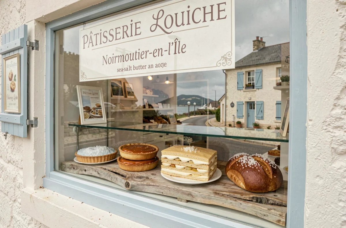 Vitrine de la Pâtisserie Louiche à Noirmoutier-en-l'Île avec tarte caramel beurre salé, mille-feuille et brioche au gros sel