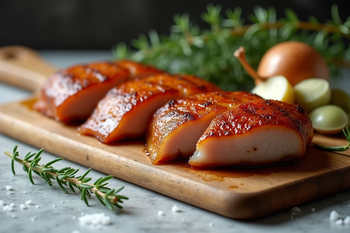 Paupiettes de porc dorées sur une planche en bois avec thym, feuilles de laurier et échalotes sur un plan de travail en marbre