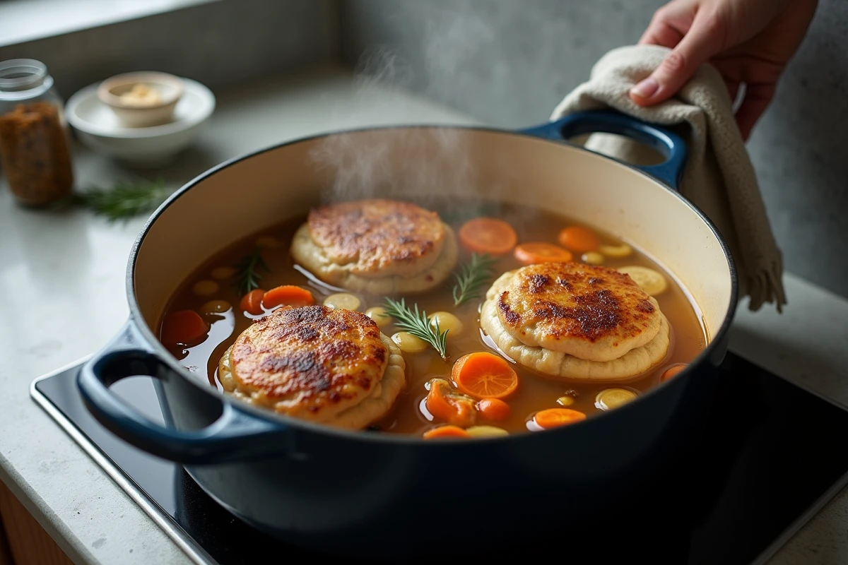 Paupiettes de porc en train de mijoter dans un faitout avec du vin blanc, carottes et oignons grelots sur une cuisinière moderne