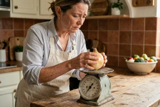 Femme pesant un oignon sur une balance de cuisine vintage pour respecter une recette