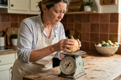 Femme pesant un oignon sur une balance de cuisine vintage pour respecter une recette