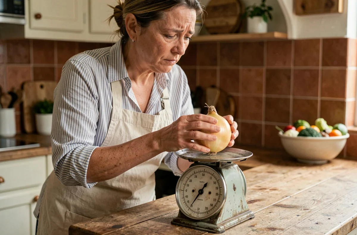 Femme pesant un oignon sur une balance de cuisine vintage pour respecter une recette