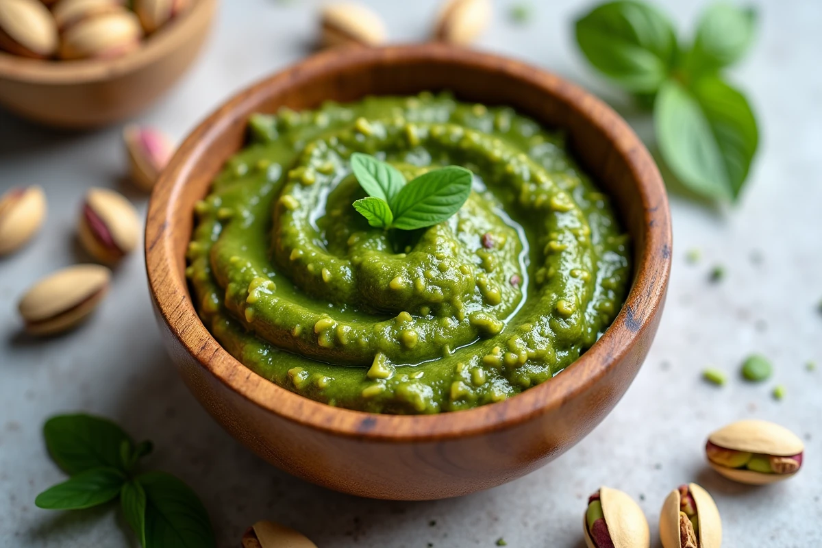 Bol en bois de pesto de pistache vert vif avec des éclats de pistaches et des feuilles de basilic