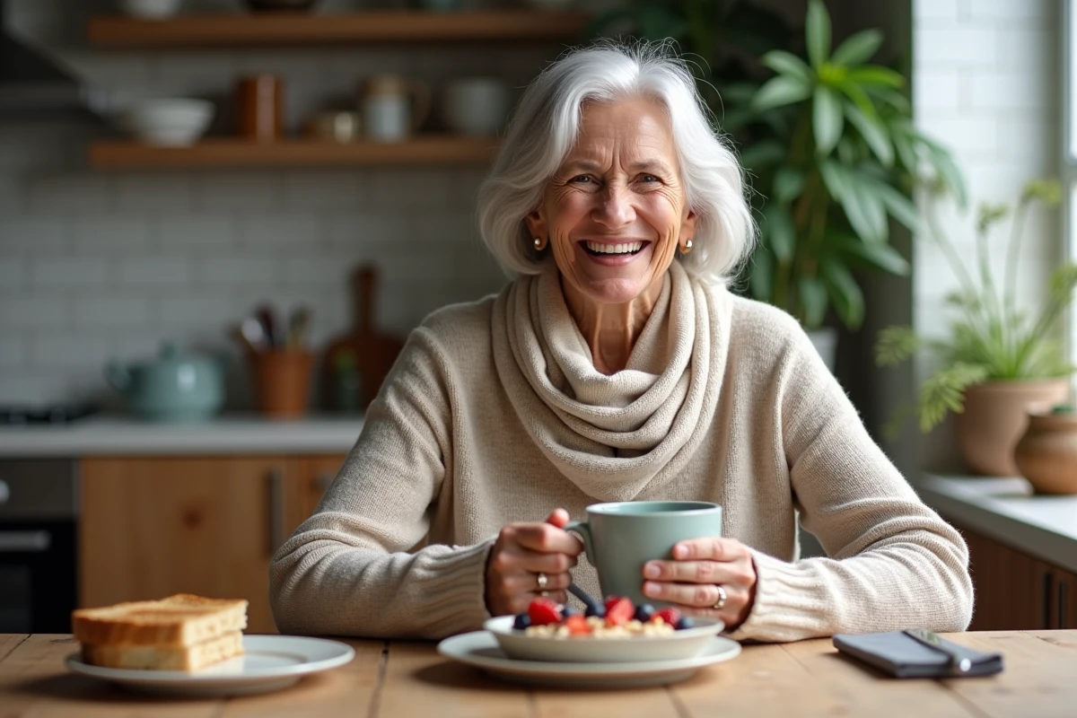Femme senior souriante avec tasse de cafe au petit déjeuner