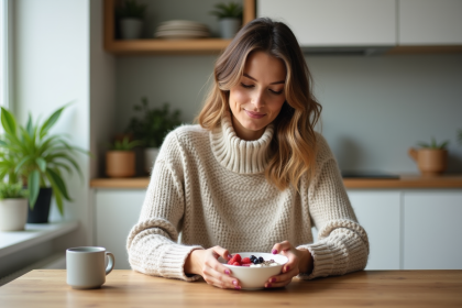 Femme en pull oatmeal préparant un bol de yaourt et fruits
