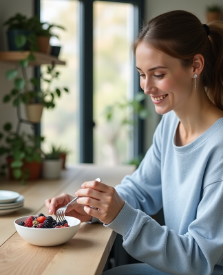 Femme souriante mangeant un bol de yaourt grec aux fruits