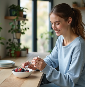 Femme souriante mangeant un bol de yaourt grec aux fruits