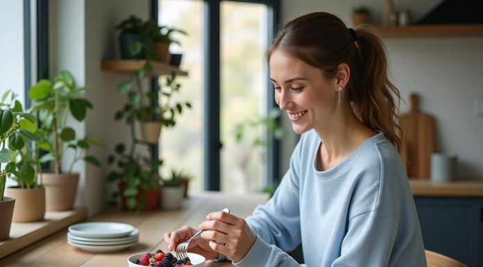 Femme souriante mangeant un bol de yaourt grec aux fruits