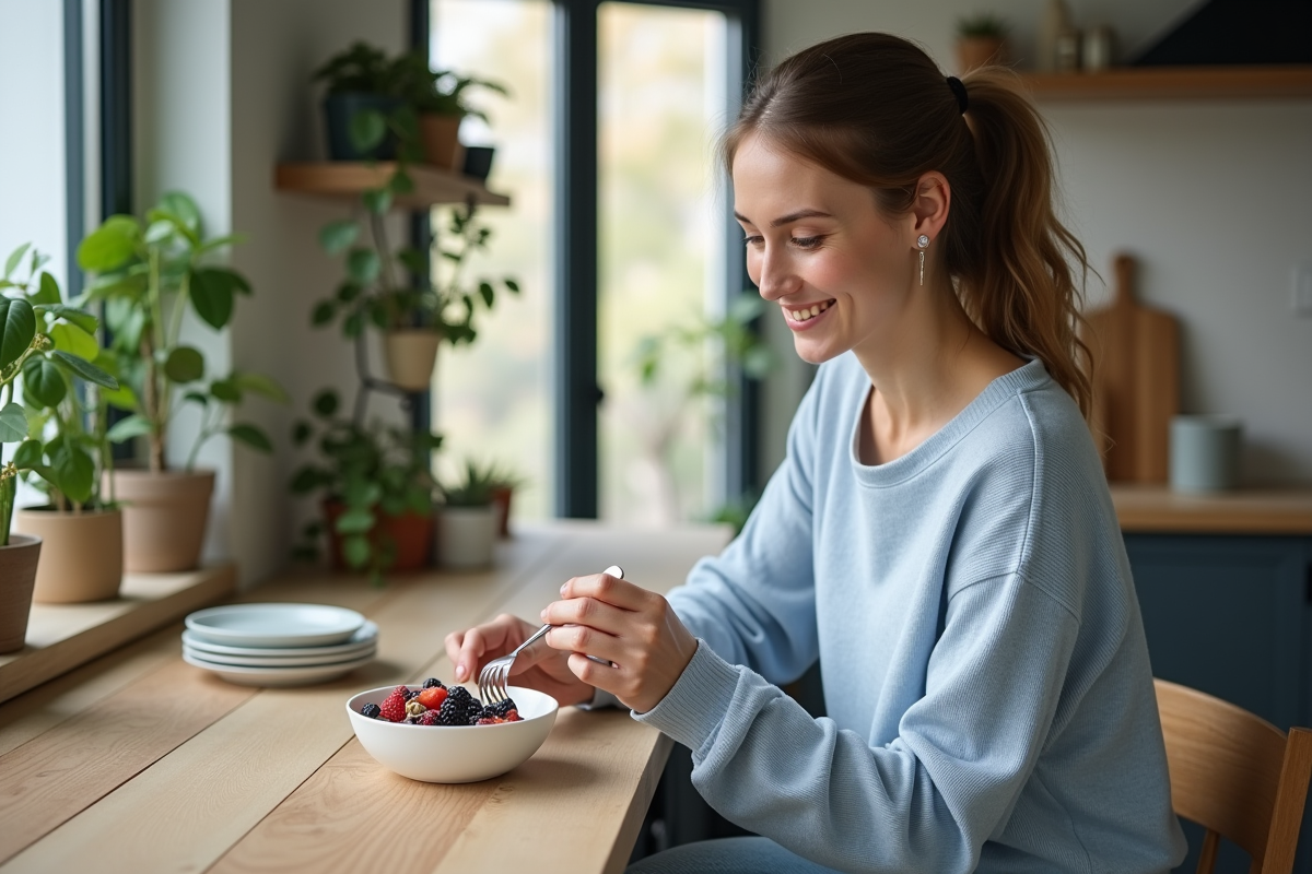 Femme souriante mangeant un bol de yaourt grec aux fruits