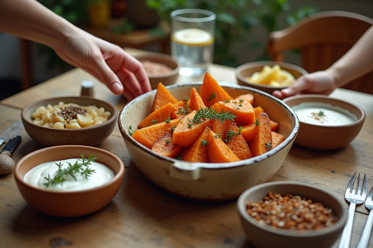 Plat familial de patates douces rôties aux herbes fraîches servi sur une table en bois rustique