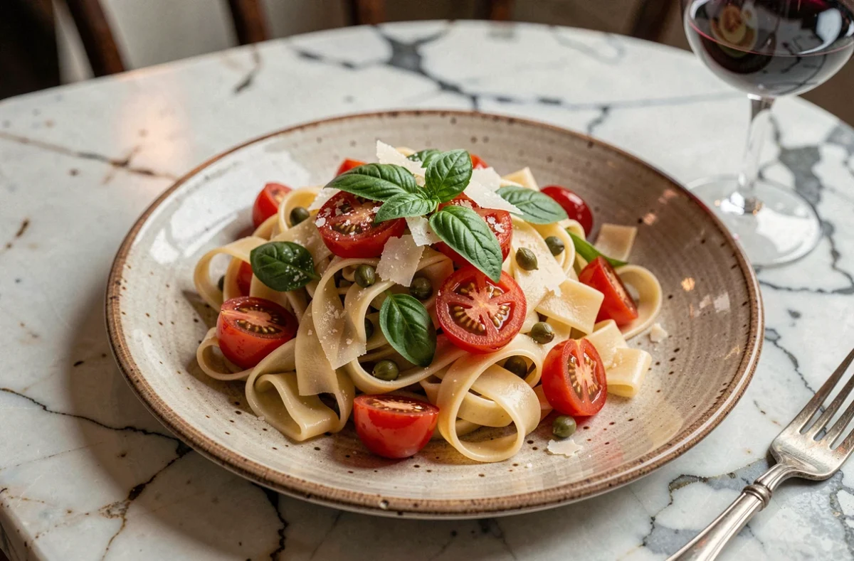 Assiette de pâtes fraîches italiennes servie au restaurant Ober Mamma Paris avec tomates confites et parmesan