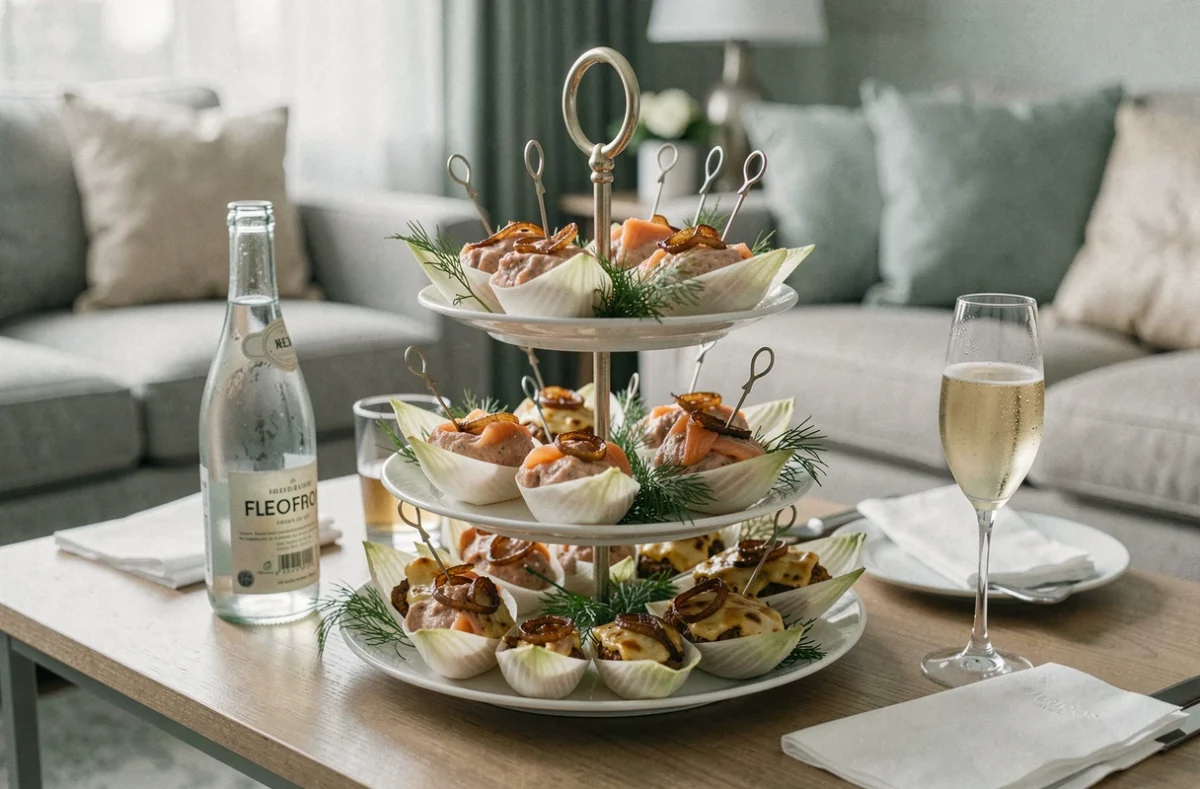 Plateau apéritif de fête avec endives froides au saumon fumé et endives tièdes gratinées sur présentoir à étages