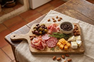 Plateau apéro rustique sur planche en bois avec charcuterie, fromages, olives et amandes disposés de façon naturelle sur une table en lin