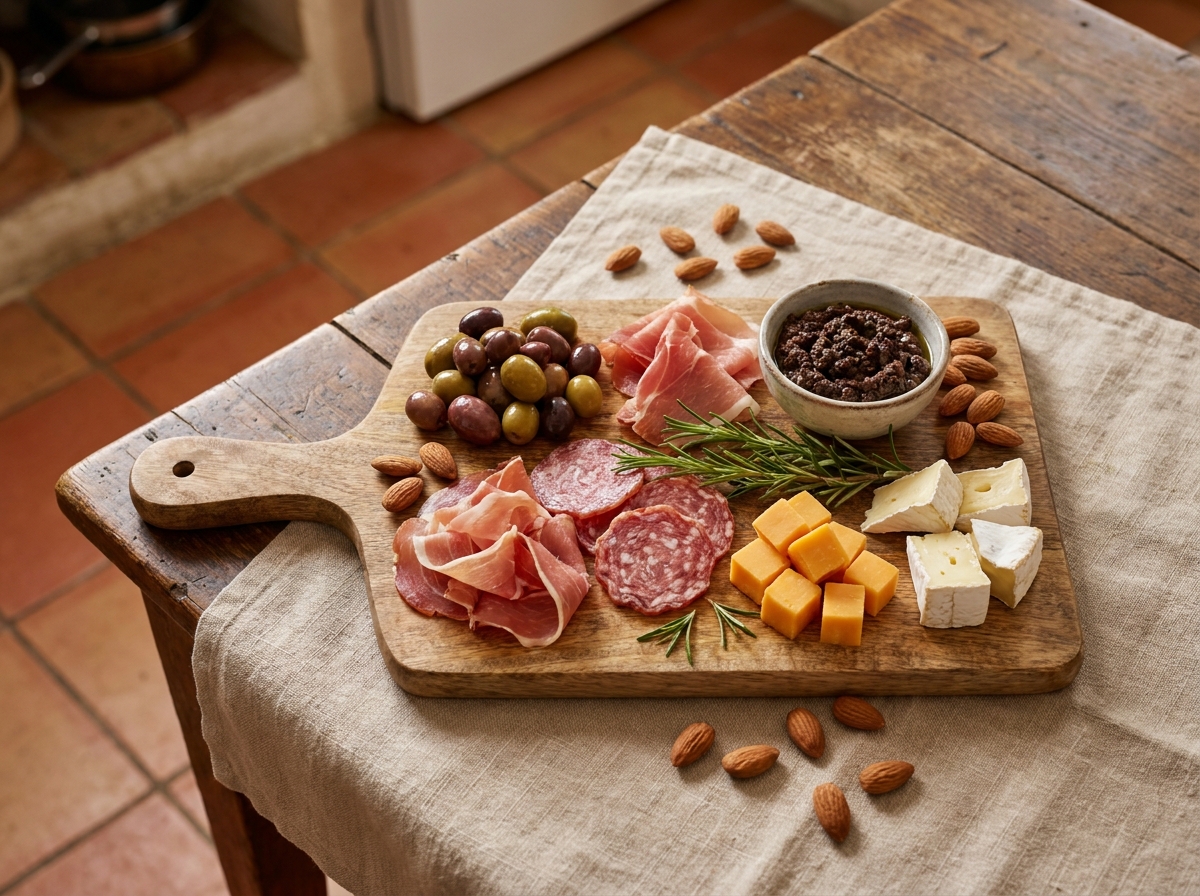 Plateau apéro rustique sur planche en bois avec charcuterie, fromages, olives et amandes disposés de façon naturelle sur une table en lin